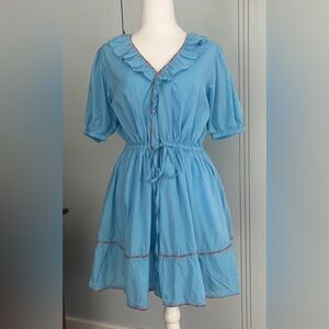 Roller Rabbit Rainbow Trim Brita Dress Sz L Aqua Blue Garden Party Resort Wear